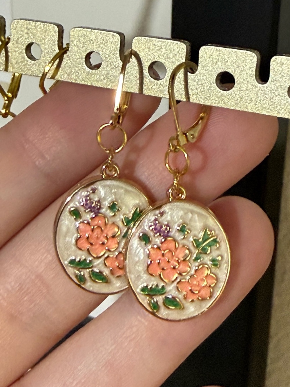 Gold Floral Enamel Drop Earrings - Peach & Green